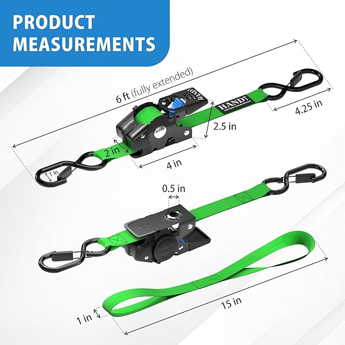 HandT USA Based Retractable Ratchet Straps (2PK) 1in x 6ft - 1,500lb Break Strength, Heavy Duty Automatic Ratchet Straps Self Retractable Tie Down, Push Button Retracting Truck Trailer Cargo | Green