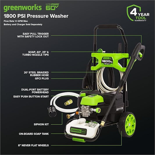 Greenworks 60V 1800 PSI Max (1.1 GPM) Hybrid (120V / Cordless) Electric Pressure Washer, Battery Not Included