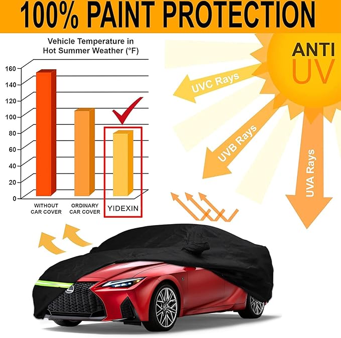 Yixin Waterproof Car Cover for 2005-2026 Lexus is IS200 IS200t IS250 IS250C IS300 IS350 IS350C ISF Sport Car Cover Custom Fit 100% Waterproof Windproof Strap & Single Door Zipper Up to 188'' L(Black)