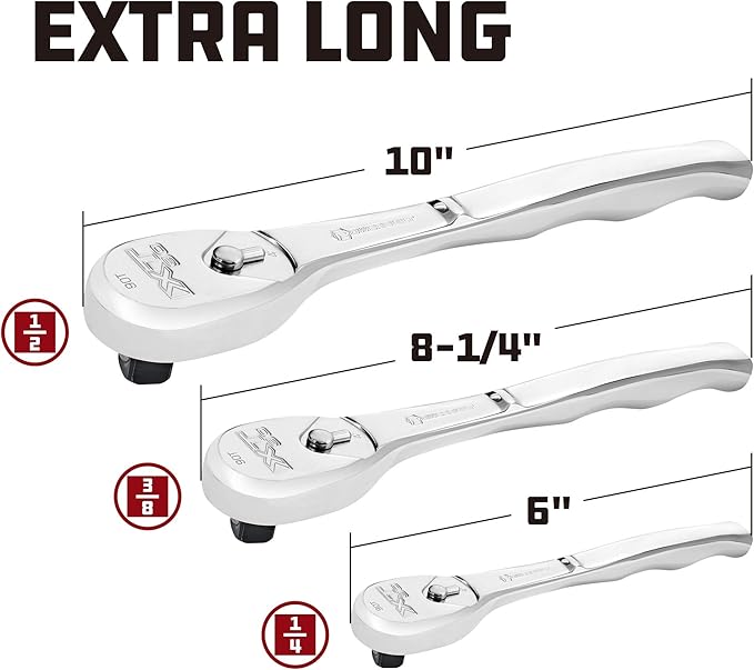 Powerbuilt 3/8" Drive XT90 90 Tooth Professional Ratchet, Seal-Head Ratchet, Full-Polish, Long Handle - 649938