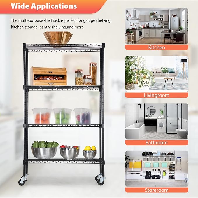 FDW | 4-Tier Wire Storage Shelves with Wheels | 36"x14"x62" | Black | Adjustable Racks | Heavy-Duty Metal Shelf, Holds Upto 500 lbs | Tool-Free Assembly, Rust-Resistant | for Home & Garage Shelving