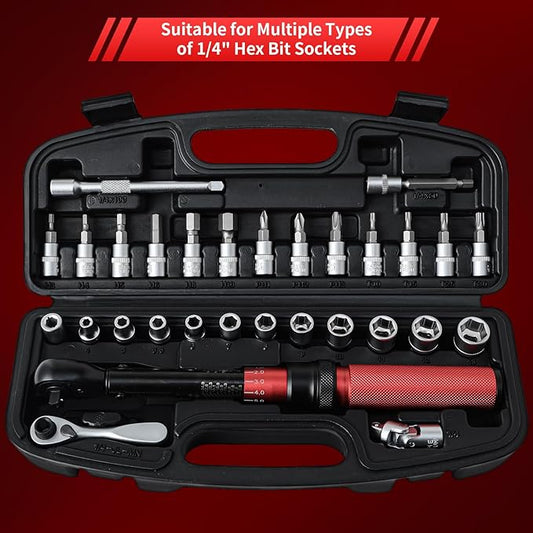 Torque Wrench Bicycle,1/4 inch drive 2.3-24.9 N.M/20-220IN.LB, Bike Torque Wrench Set,30PCS Click Torque Wrenches with 1/4 Ratchet Wrench, Extension Bar, Sockets for Bicycle