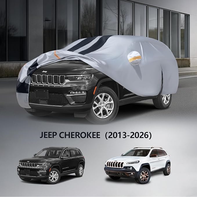 Multi-Layer Car Cover Custom Fit for Jeep Cherokee(2013-2026), 100% Waterproof All Weather for Automobiles, Gift with Towel, Heavy Duty Car Covers for Rain Sun UV Protection with Door Zipper
