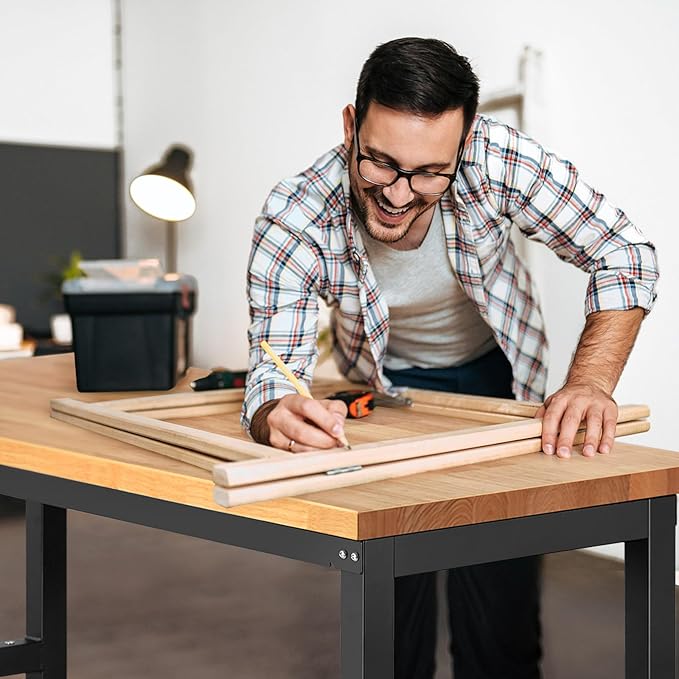 ENJOYWOOD 60" x 22" Garage Workbench Adjustable Height Work Table Heavy Duty Rubberwood Top Work Bench for Workshop, Office & Home