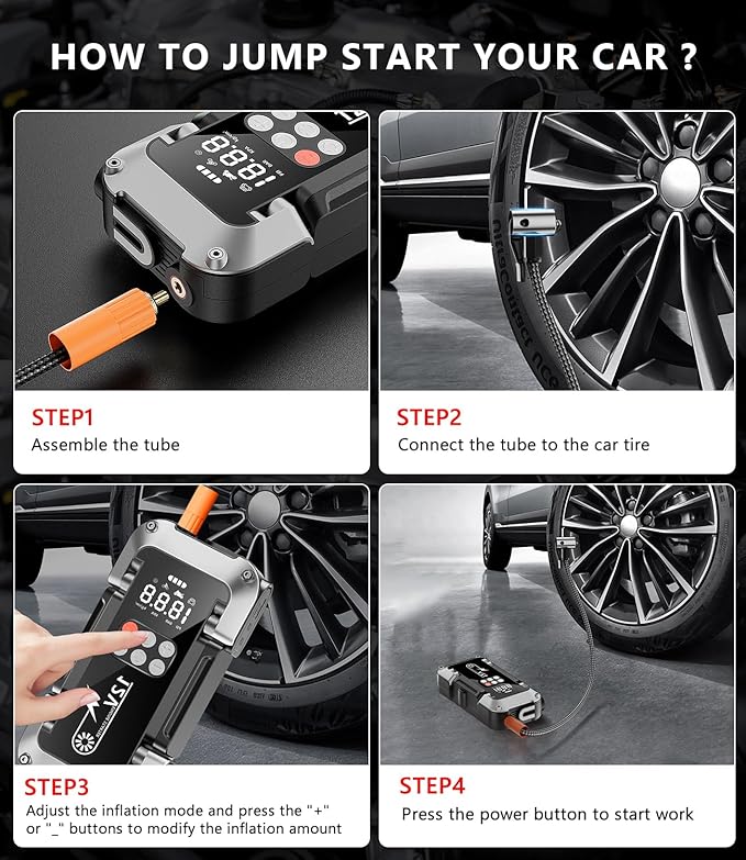 Car Jump Starter with Air Compressor, 4000A Portable Jump Starter Battery Pack with 150PSI Tire Inflator (All Gas/8L Diesel) Jump Box 12V Car Battery Charger, 3 Modes Flashlight and Jumper Cables
