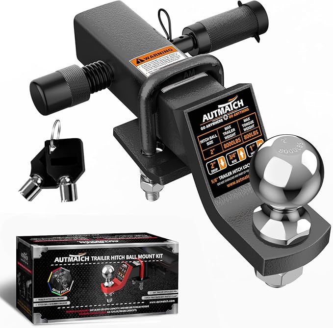 AUTMATCH Trailer Hitch Ball Mount with 2 Inch Hitch Ball - Fits 2" Receiver with Hitch Tightener, 8000Lbs Capacity Ball Hitch, 4-Inch Drop with 5/8" Hitch Lock Pin, Gunmetal