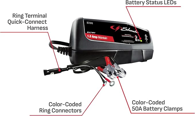 Schumacher Electric 1.5A Car Battery Charger and Maintainer, 3-in-1 Solution, for 6V/12V Batteries Power Sport, Automotive, and Marine Batteries, SC1343
