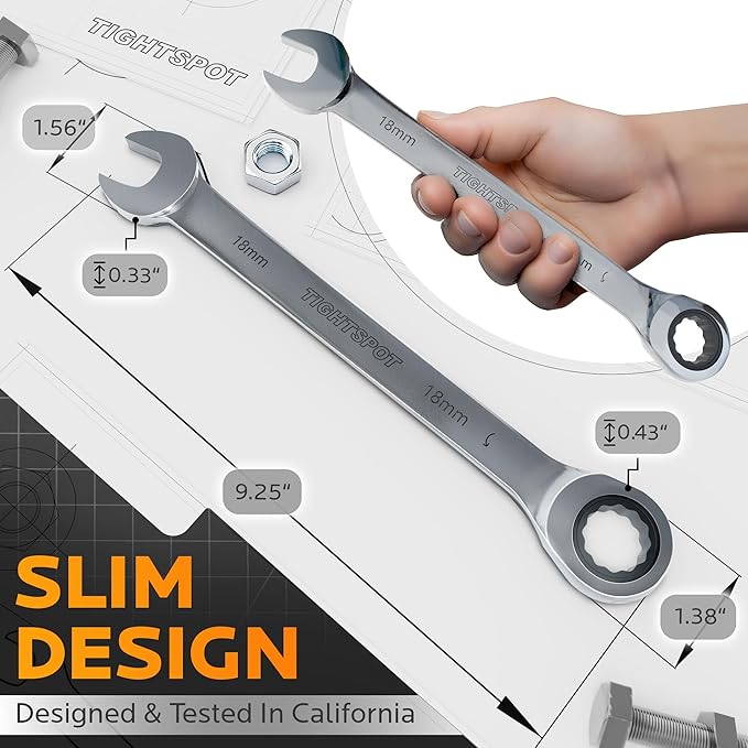 TIGHTSPOT 18 mm Ratchet Combination Wrench with Precision Movement, Polished Steel for Projects with Metric Tight Spaces