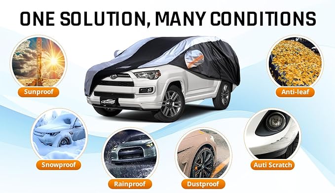 Toyota 4Runner Car Cover Waterproof All Weather with Silver Strip Design, Custom Fit for Toyota 4Runner 2003–2025, 4Runner Accessory with Door Zipper & Windproof Straps