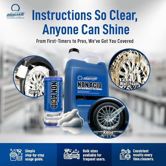 Nanoskin Non Acid Professional Wheel & Tire Cleaner 1 Gallon – Works with Brush | Car Wash Cleaning Spray for Detailing | Removes Brake Dust, Oil, Dirt, Light Corrosion