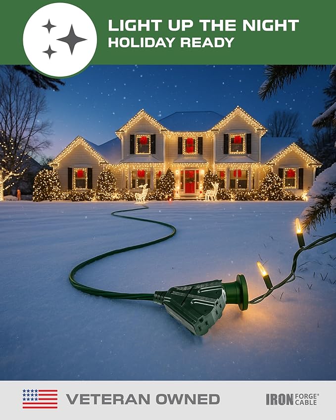Iron Forge Cable 2 Pack 10ft Green Outdoor Extension Cord with 3 Outlets - 16/3 SJTW 10ft Extension Cord, 13 Amp All-Weather Heavy Duty Power Cable