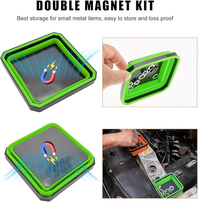 Collapsible Magnetic Parts Tray, 4.5 Inch Foldable Magnetic Square Silicone Tray, Tool Tray Set with Double-Sided Magnetic Base for Screw Bolts Nuts Pins, Car Accessories (Green)