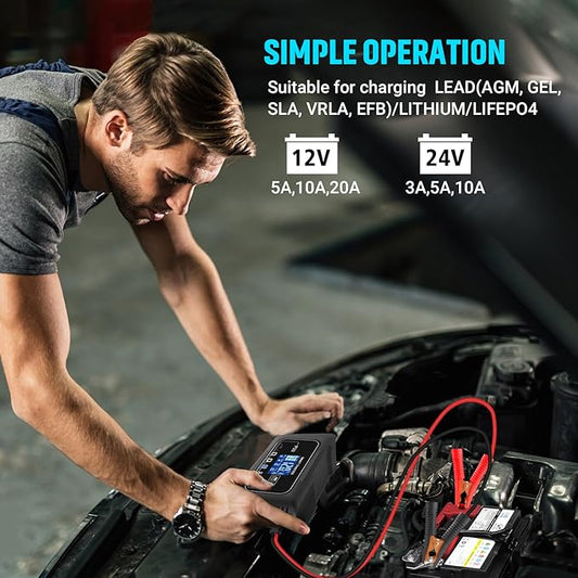 Battery Charger 0-20A,12V/24V Lithium Battery Charger,9 Stage with Pulse Repair,Trickle Charger & Maintainer for LiFePO4,Lead Acid,AGM,RV,Marine,Car,Boat, Deep Cycle Batteries