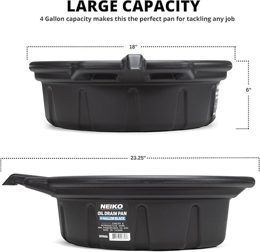 NEIKO 20760A Large Oil Drain Pan, 4 Gallon (16L) Capacity, Black Plastic Anti Splash Oil Pan, Motor Oil Drip Catcher Pan, Non Spill Pour Spout, Oil Catch Pan for Changing Oil, Oil Drain Container