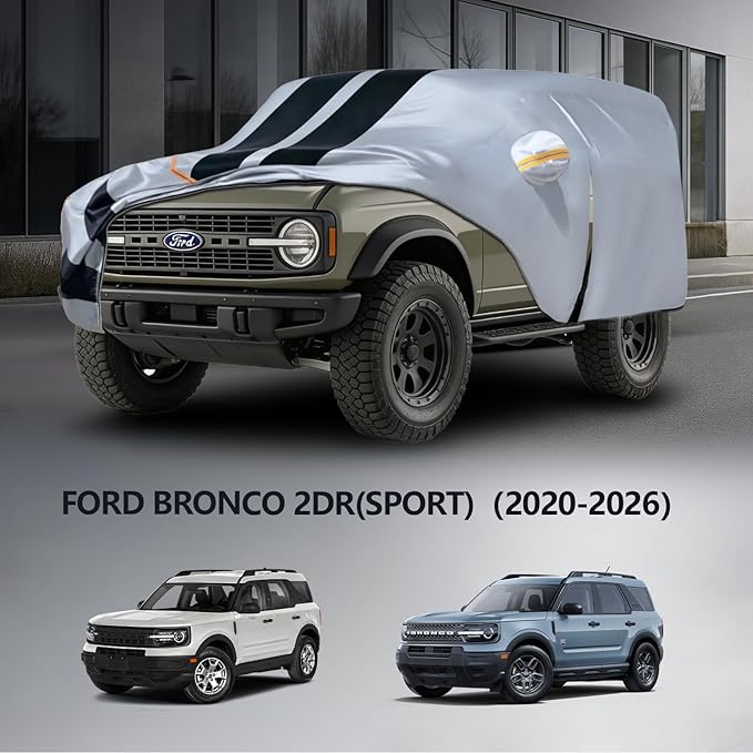 Multi-Layer Car Cover Custom Fit for Ford Bronco 2dr/Sport(2020-2026), 100% Waterproof All Weather for Automobiles, Gift with Towel, Heavy Duty Car Covers for Rain Sun UV Protection with Door Zipper