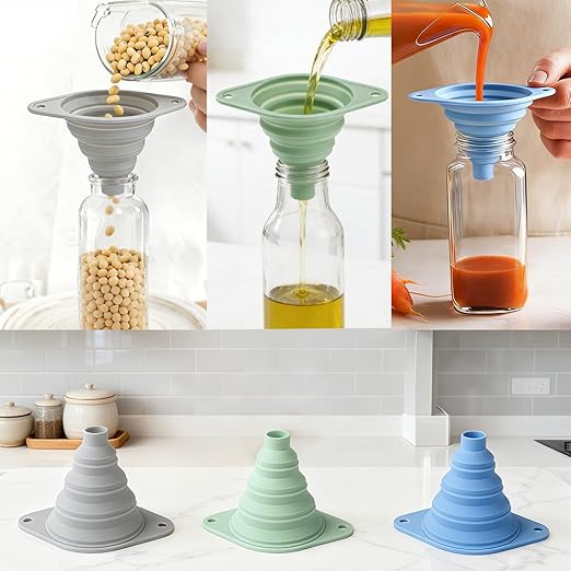 Kitchen Funnel Set 3 Pack, Collapsible Silicone Funnel for Kitchen Use, Small Funnels for Filling Bottle, Transfer Liquid, Oil and Powder, Food Grade Silicone Filter with a Brush