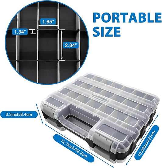 Double Side Tool Box Organizer, Hardware Storage Box, Portable Small Parts Organizer with Removable Plastic Dividers for Screws, Nuts, Nails, Bolts, Gray
