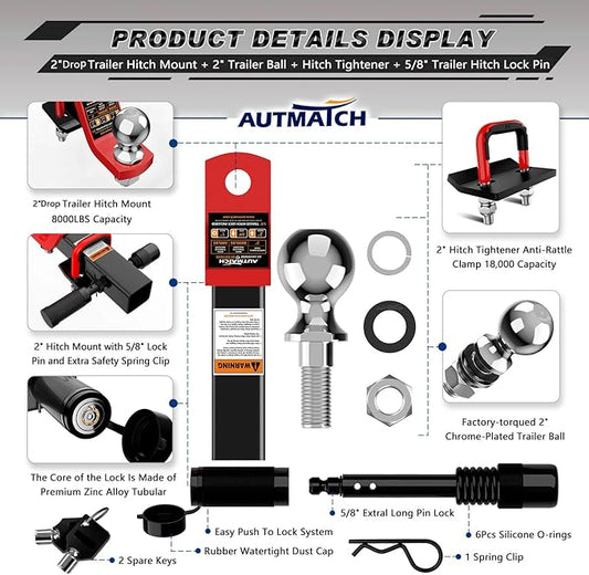 AUTMATCH Trailer Hitch Ball Mount with 2 Inch Hitch Ball - Fits 2" Receiver with Hitch Tightener, 8000Lbs Capacity Ball Hitch, 2-Inch Drop with 5/8" Hitch Lock Pin, Red & Black