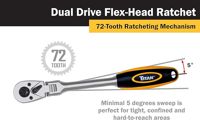 Titan 12358 3/8-Inch and 1/2-Inch Dual Drive x 9-1/2-Inch 72-Tooth Flex Head Dual Head Ratchet