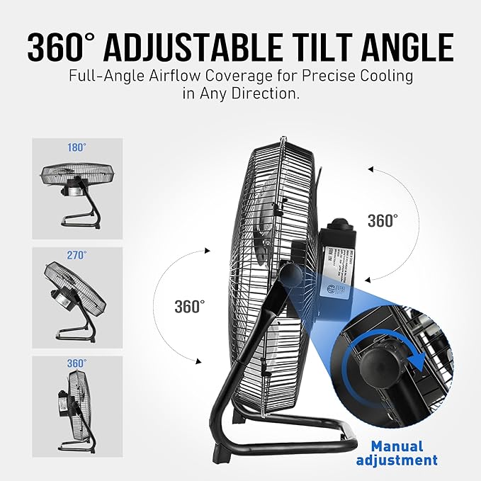Xcity 18-Inch Metal Floor Fan, High Velocity 4000 CFM Industrial Fan, 3-Speed & 360° Adjustable Tilt, Heavy Duty for Garage, Warehouse, Office & Home