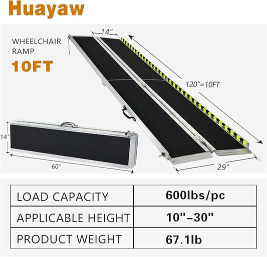 Wheelchair Ramp 10FT, Anti-Slip Aluminum Folding Handicap Portable Ramp, Wheelchair Ramps for Home Steps, Stairs, Doorways, Scooter Ramp