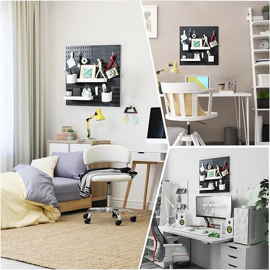 VUSIGN Pegboard Combination Wall Organizer Kit, 4 Pieces Pegboards and 17 Accessories Modular Hanging, Wall Mount Display Peg Board Panel Kits for Bedroom, Home, Office, Bathroom, 22" x 22", Black