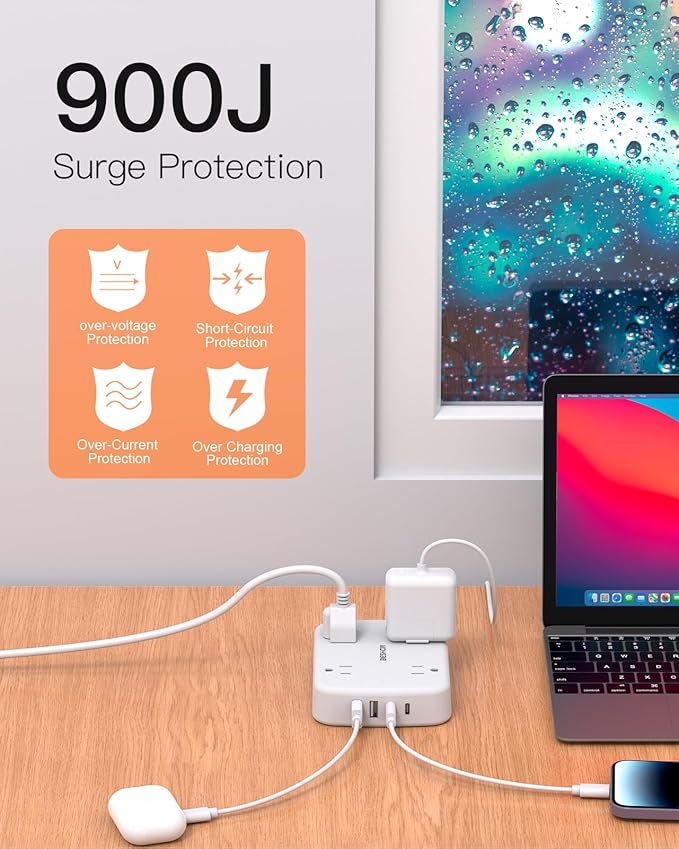 Surge Protector Power Strip with 2 USB C - BESHON 5 Ft Flat Extension Cord Flat Plug Power Strip, 4 Widely Outlets and 4 USB Charging Ports, Outlet Extender, 900 Joules, for Home Dorm Room Essentials