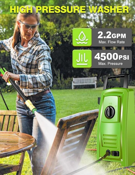 4500PSI Elecrtric Power Washer Small Portable Pressure Washer 20FT Hose, 4 Nozzle Set, Best for Home/Cars/Fences/Windows, Deep Green