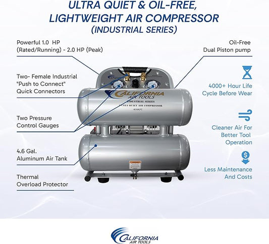 California Air Tools 4610ALFC 1.0 HP Ultra Quiet and Oil-Free Air Compressor, 4.6 Gallon Aluminum Twin Tank, 60 dBA Noise Level, Lightweight, Portable, Industrial Series, Silver