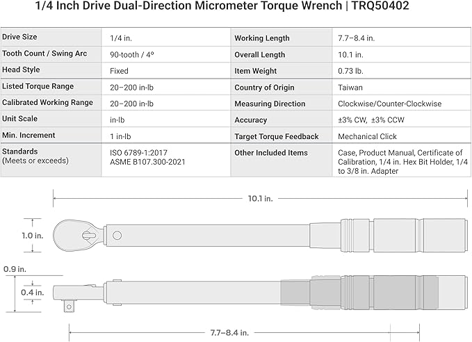 TEKTON 1/4 Inch Drive 90-Tooth Dual-Direction Micrometer Torque Wrench (20-200 in-lb) | TRQ50402