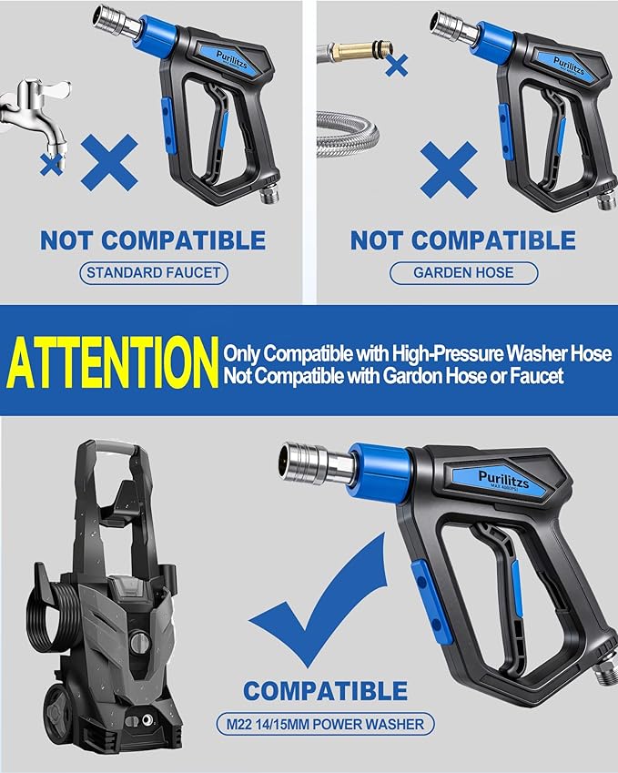 Pressure Washer Gun 4000PSI M22 14/15MM Inlet, Stubby Short Power Washing Gun with 1/4'' Quick Connect for Foam Cannon, Homework Cleaning & Car Wash