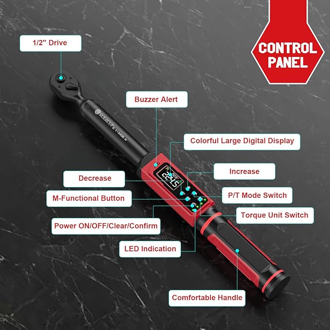 1/2-inch Digital Torque Wrench(3.8-250.8Ft.Lb/5.1-340Nm) ±1% Accuracy Digital Torque Wrench with Vibration, Buzzer,LED Notification and Five Units of Measure, for Car,Motorcycle Repair, DIY