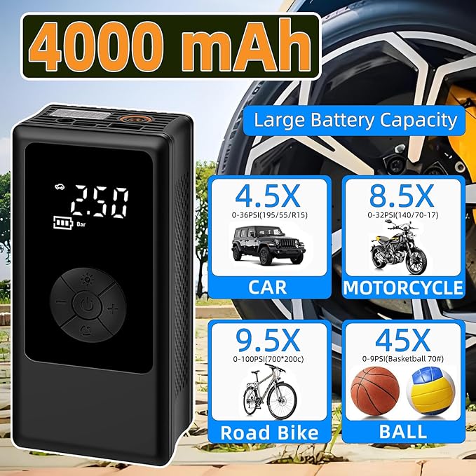 Tire Inflator Portable Air Compressor for Car, Ball Basketball Pump for Sports Balls Auto for Car Tires Bicycle w Gauge Values Display, 150PSI Power Battery Bike Pump Cordless