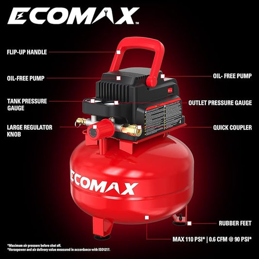 ECOMAX Air Compressor 3 Gallon 110 PSI Pancake Portable Oil-free Tank with 11 PCS Accessories Kit