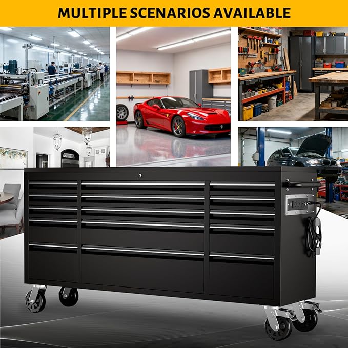CHETTO C 72-inch Rolling Tool Chest Cabinet Mobile Workbench with 15 Storage Drawers and Wheels, Outlet Black Tool Box for Garage