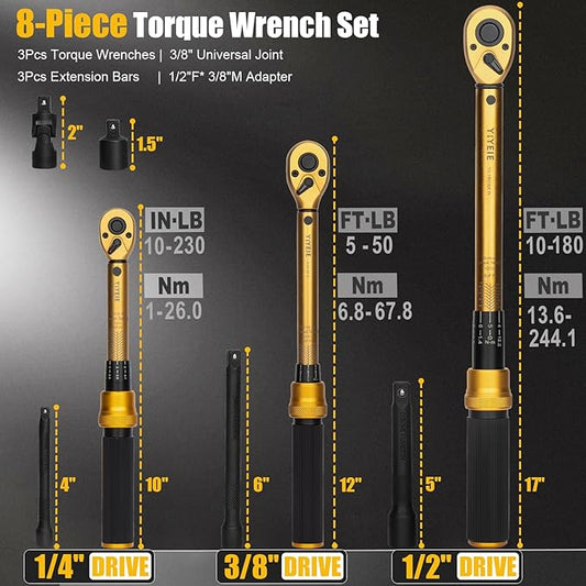 1/4 3/8 1/2-inch Drive Click Torque Wrench, 8Pcs Torque Wrench Set 10-230in.lb, 5-50ft.lb, 10-180ft.lb with Adapters, ±3% Accuracy, 72-Tooth Dual Scale Torque Wrenches for Bike, Moto, Car Repair