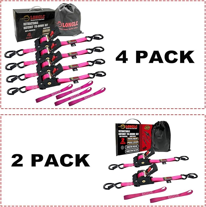 2-Pack Retractable Ratchet Straps Pink Heavy Duty - 1 Inch X 10Feet with Soft Loops, 2,000lbs Breaking Strength - Best for Trucks, Cargo Trailer, Motorcycle, Tie Down Straps Ratchet