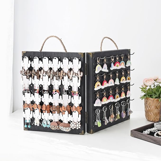 MOOCA Wooden Foldable and Portable 2 Panel Pegboard Jewelry Display Organizer with 48 Removable Black Metal Hooks & Convenient Rope Handle for Easy Carrying, Dual-Sided Panels for Hanging, Black Color