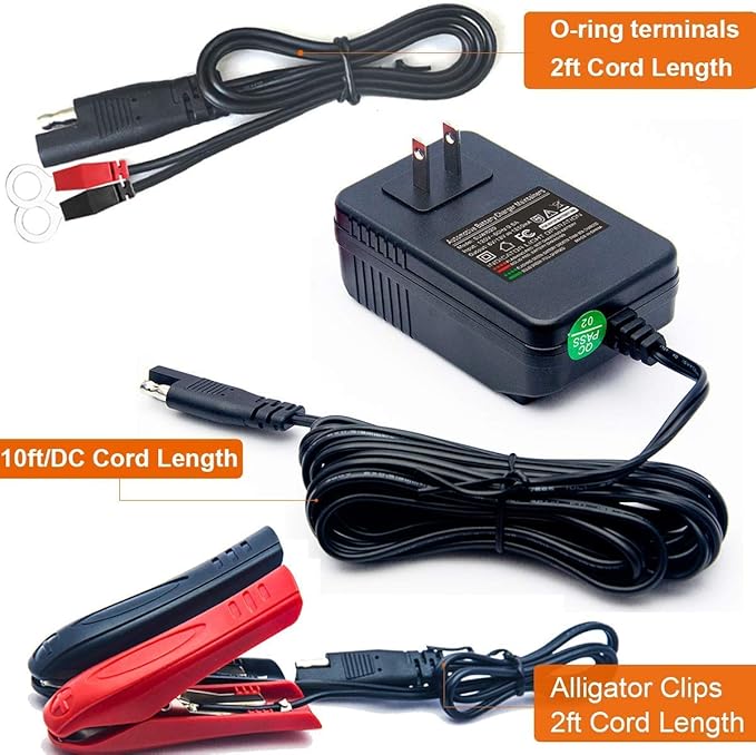 12V 2-Amp Fully-Automatic Smart Battery Charger & Maintainer with 12FT Cord, SAE Connector, Alligator Clips, OT Terminals for AGM, SLA, Lead Acid & LiFePO4 - Car, Motorcycle, ATV, Boat