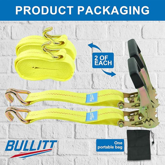 Bullitt Heavy Duty Ratchet Straps,2PCS 2"*27' Tie Down Straps-10000lb Break Strength with J Hooks Iron Handles for Moving,Securing Motorcycles/Cargo/Car Roof/Household-Yellow