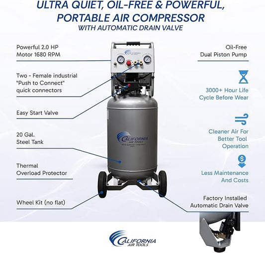 California Air Tools 20020AD-22060 2.0 HP Ultra Quiet and Oil-Free Air Compressor with Wheels, 20 Gallon Tank Capacity, 70 dB Noise Level, Electric, Portable, with Automatic Drain Valve, 220 V 60 Hz