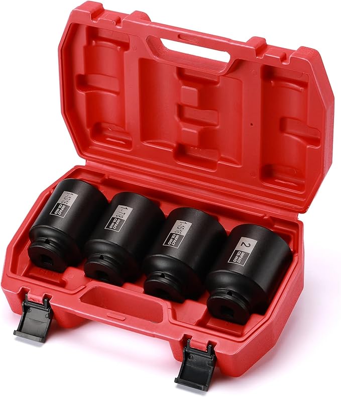 EMENTOL 4PCS 1/2-Inch Drive Spindle Axle Nut Impact Socket Set, CR-MO, 6 Point, SAE, 1/2" Dr. Deep Impact Socket Set- 1-13/16 Inch, 1-7/8 Inch, 1-15/16 Inch, 2 Inch