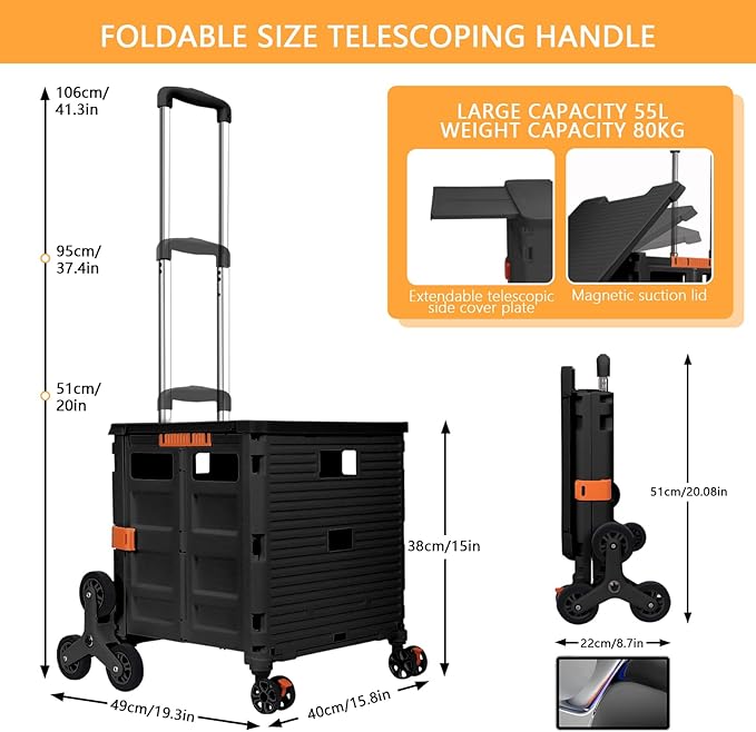 Foldable Utility Cart with Stair Climbing Wheels,Collapsible Rolling Crate with Magnetic Lid Telescopic Cover,Telescoping Handle,360° Rotate Wheel Hand Cart for Teacher Shopping Moving Grocery(Black)