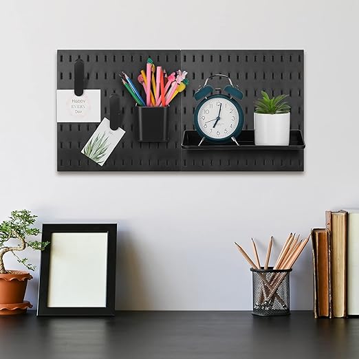 Unittype 17 Pcs Peg Board Combination Kit, 6 Plastic Wall Pegboard with 11 Accessories, 33" x 22" Desk Pegboard Organizer with Shelf Hook for Office, Kitchen, Gaming, Garage, Craft Room(Black)