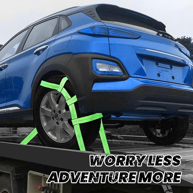Tow Dolly Basket Straps with Flat Hook, 2 Pack Tow Dolly Strap Bonnet Net Fits 14"-19" Tires Wheels, 10,000 lbs Breaking Strength Heavy Duty Car Dolly Strap System, Waterproof Carrying Bag (Green)