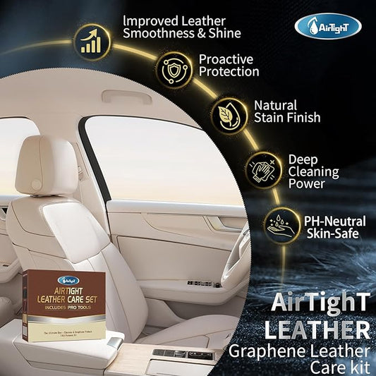 AirTighT Graphene Leather Cleaner & Conditioner Kit - Deep Clean, Restore & UV Protection for Car Seats, Furniture, Couches, Shoes - Includes Microfiber Towel & 3D Applicator.