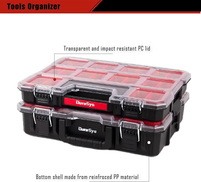 Tools Organizer, Small Parts Storage Toolbox, 2 Pcs (1+1) Durable Hardware Deep Box Storage, 17.3 * 14 * 6.7" with Removable Inner Cups