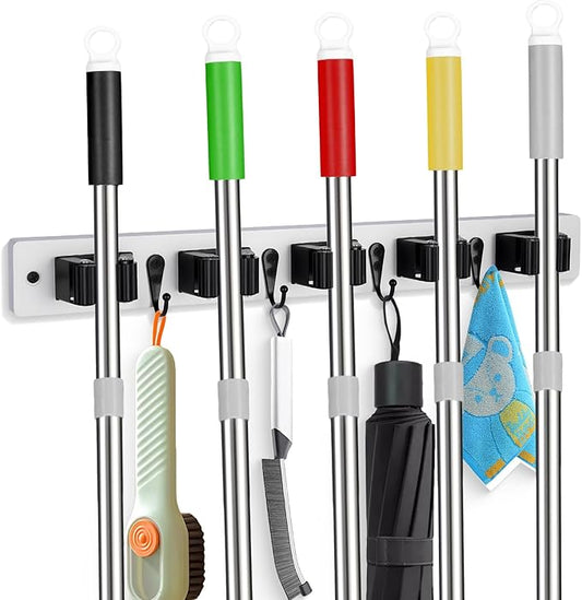 2 Pack Broom Holder Wall Mount With 5 Slots & 4 Hooks,Rustic Wood Broom & Mop Hanger,Wall Mounted Garden & Garage Tool Storage Organizer Rack for Closet Laundry Room or Kitchen Wall Decor White