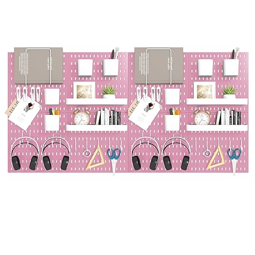 Peg Board Combination Kit, 8 Pegboards with 40 Accessories, Pegboard Wall Organizer for Office, Nursery & Home Storage, Key Holder, 51.2"x25.6" – Nail-Free Installation(Pink)