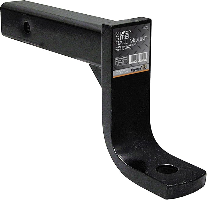 Buyers Products 1803015 Trailer Hitch Ball Mount, Fits 2-Inch Receiver, 6-Inch Drop, 4-3/4 Inch Rise, 10-Inch Long, 7,500 MGTW, 750 MVL, Accepts 1-Inch Diameter Shank Towing Balls, Black Powdercoat